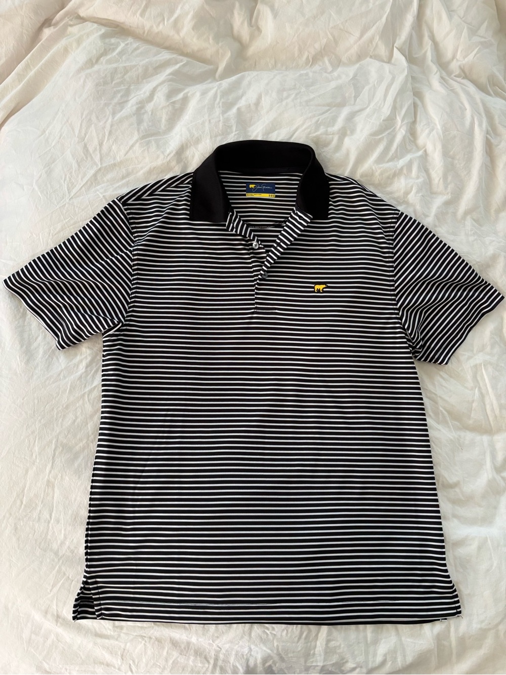 Jack Nicklaus Black & White Striped Golf Polo with Yellow Logo